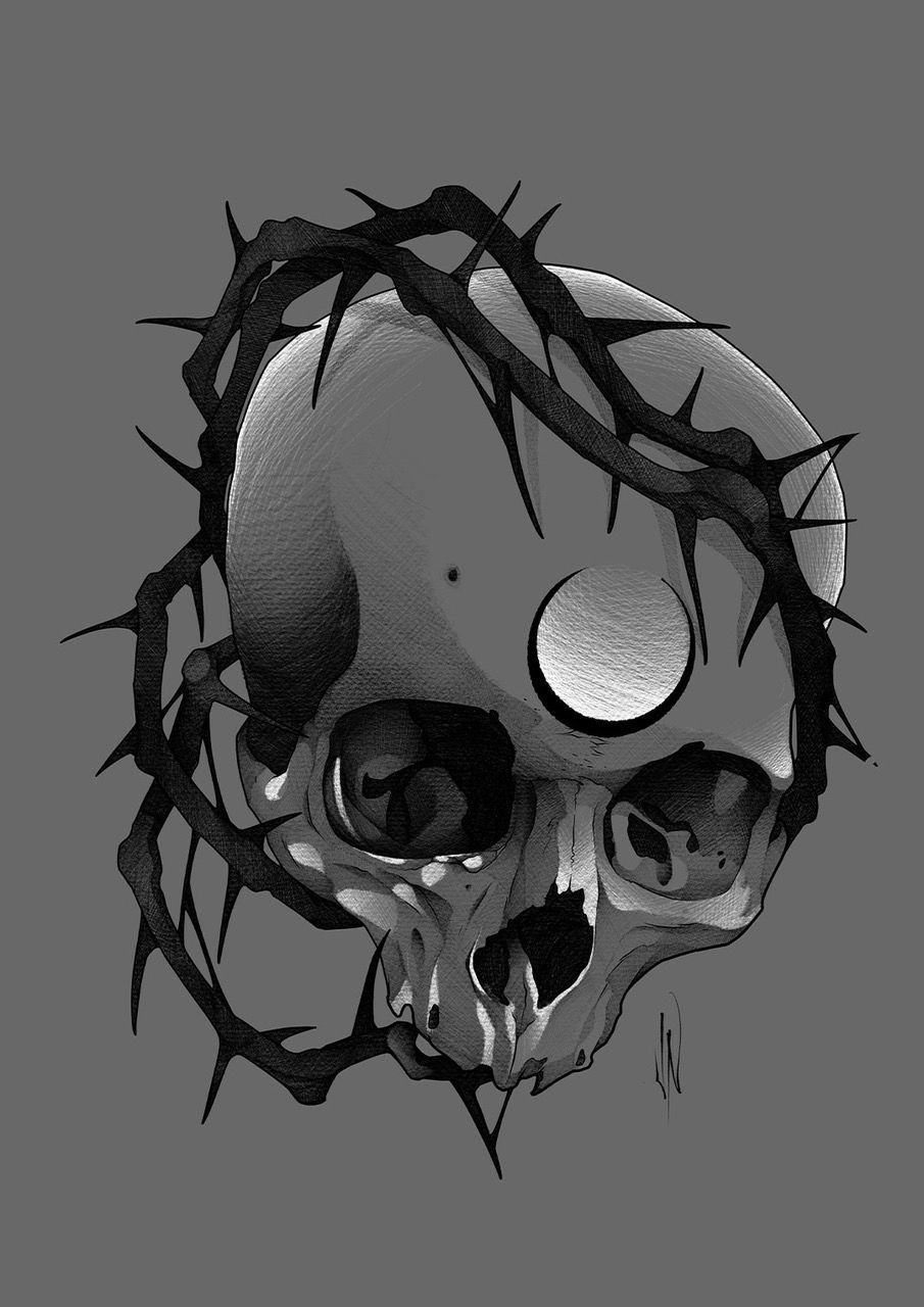 Gray skull pierced by thorny vines, with one glowing white eye and dark shadows.