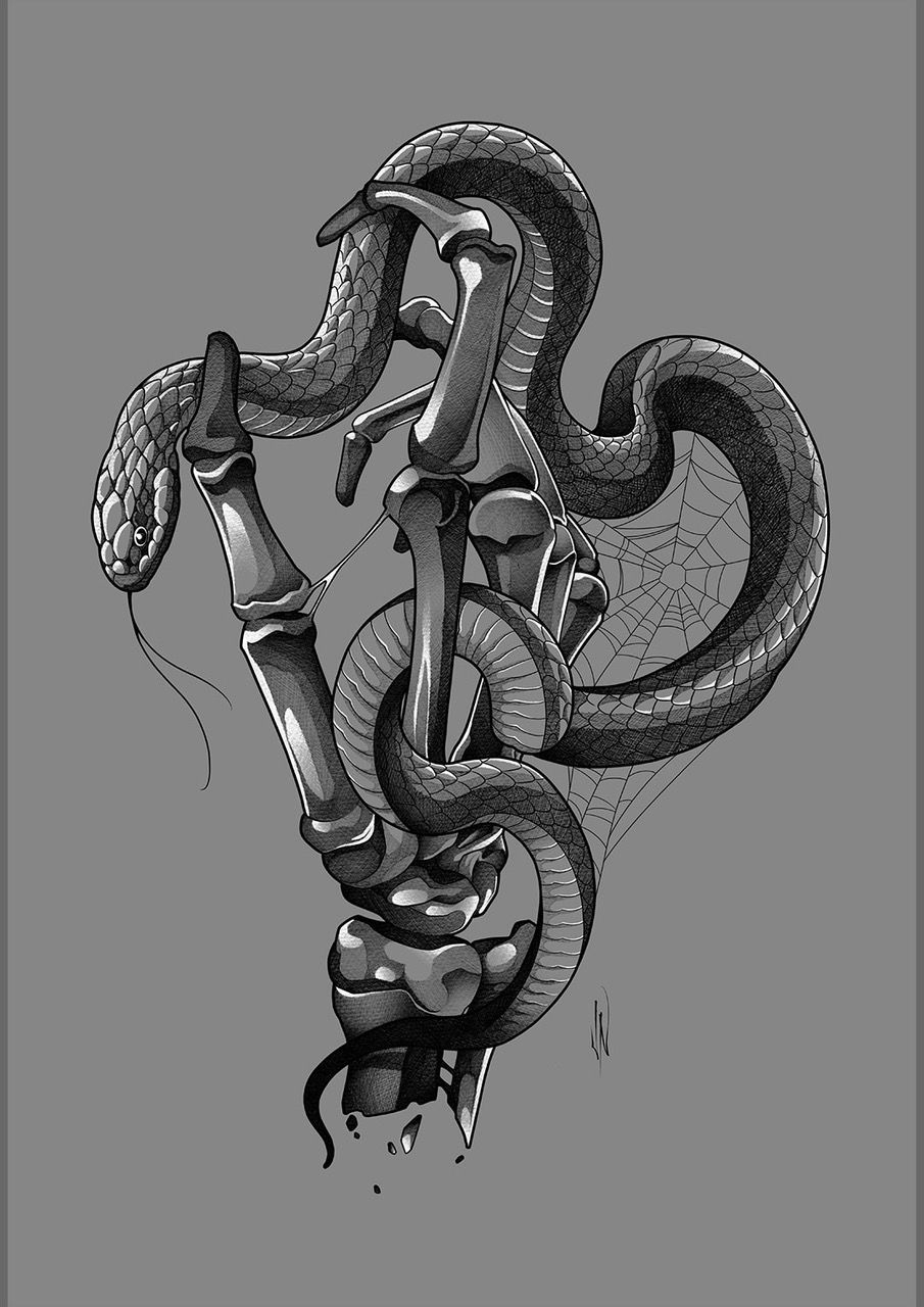 A grayscale tattoo-style snake entwined around a vertical dagger-like object.