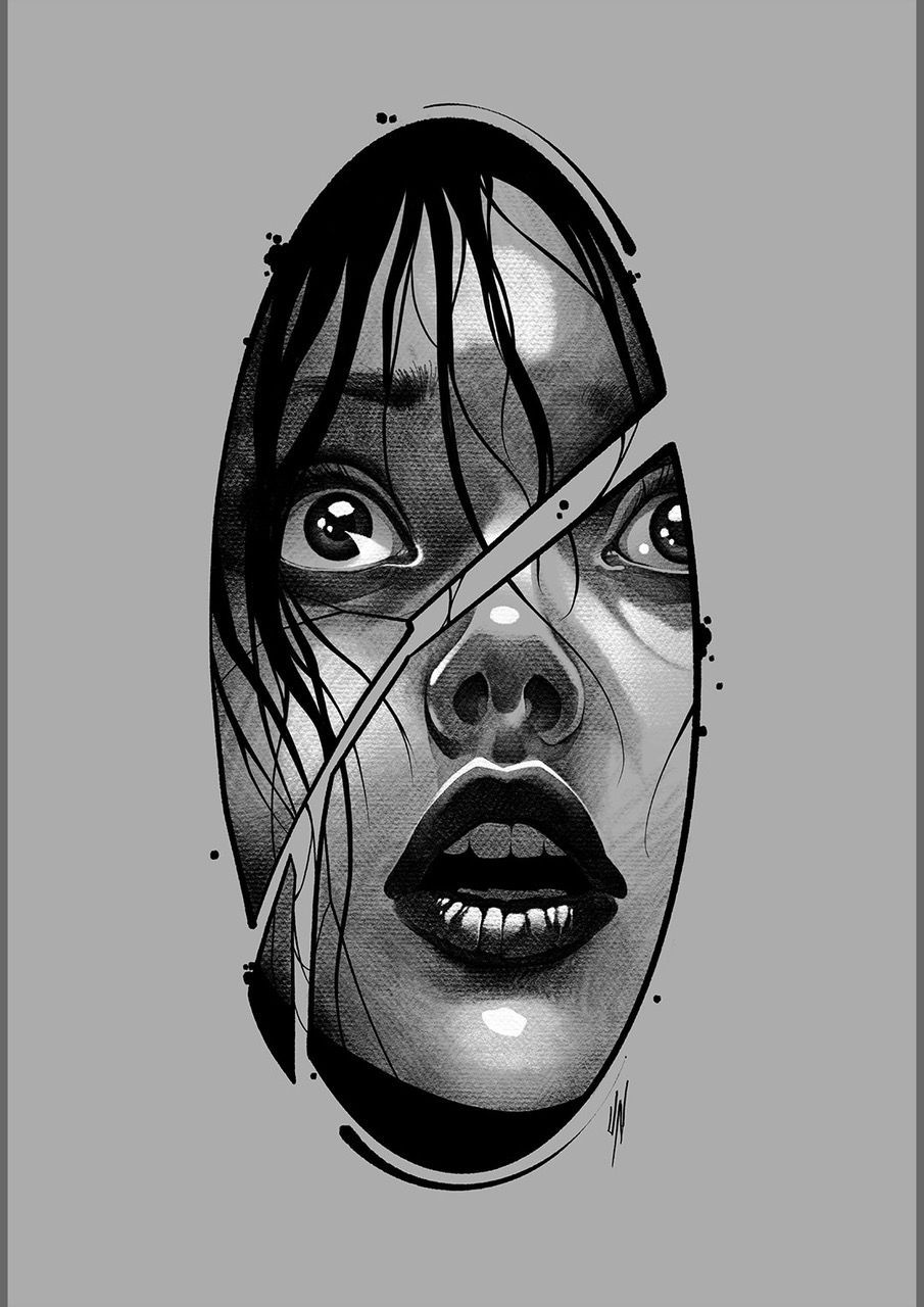 Surreal black-and-white face with wide eyes, parted lips, and strands of hair over a gray background