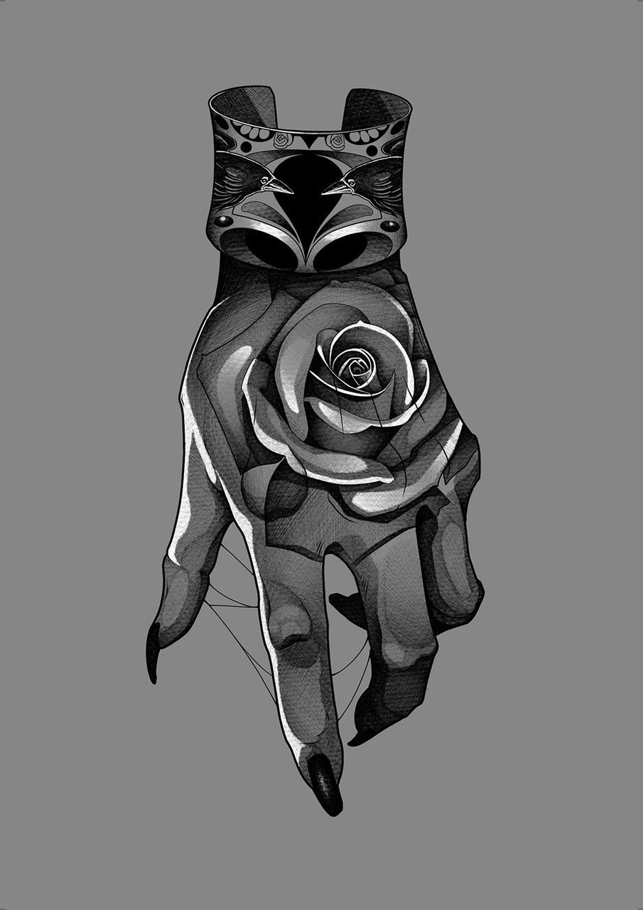 Black-and-white floral hand holding a rose, with a cat face at the wrist.