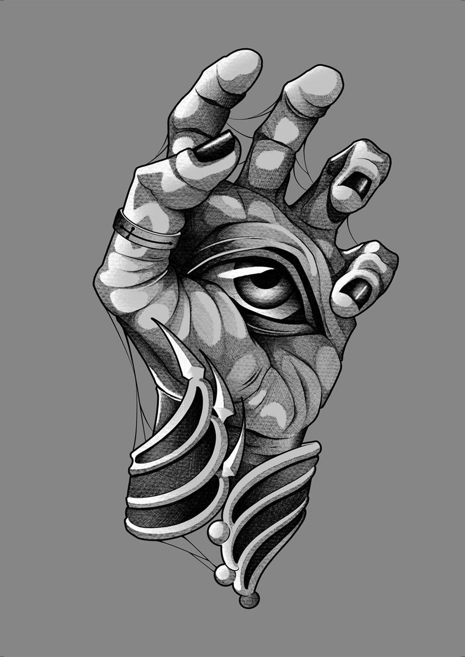 Black-and-white surreal hand with an eye in the palm and ornate decorative details