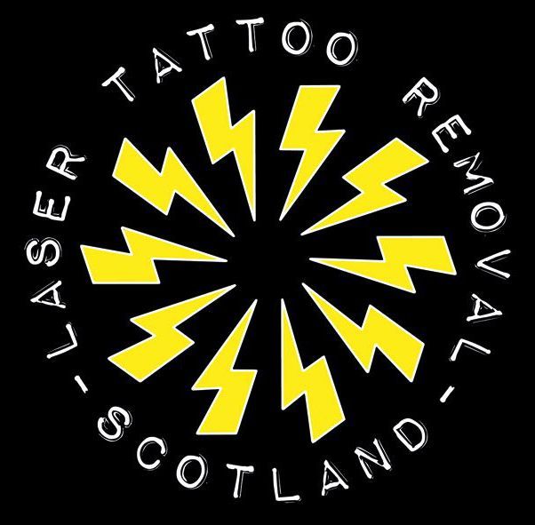 A logo for laser tattoo removal in scotland with lightning bolts in a circle.