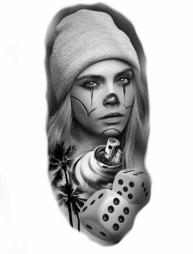 A black and white drawing of a woman wearing a hat and holding dice.
