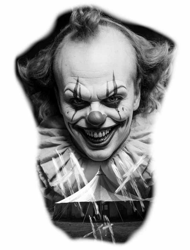 A black and white photo of a clown with a broken glass background.