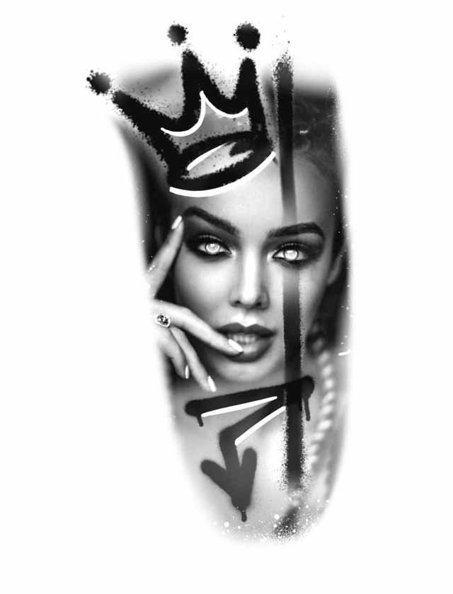 A black and white tattoo of a woman with a crown on her head.
