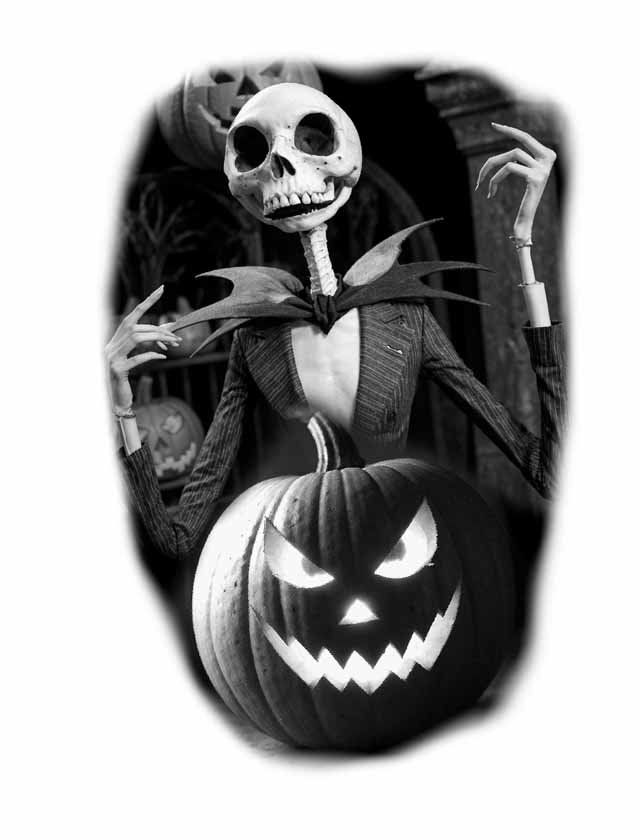 A black and white photo of a skeleton holding a pumpkin.