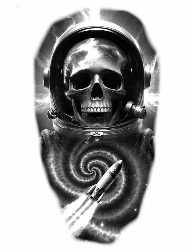 A skull in an astronaut 's helmet with a rocket in the background.
