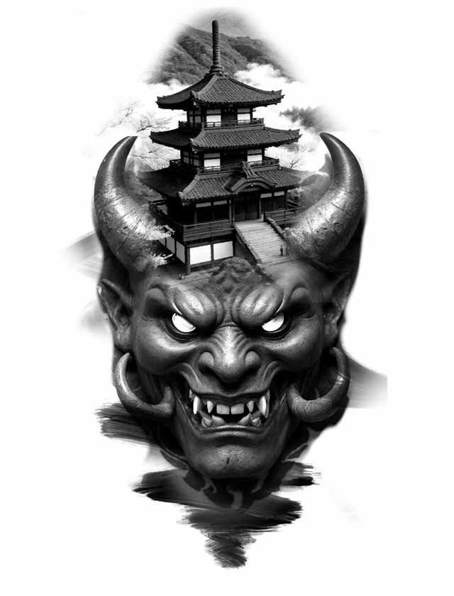 A black and white drawing of a demon with horns and a pagoda in the background.