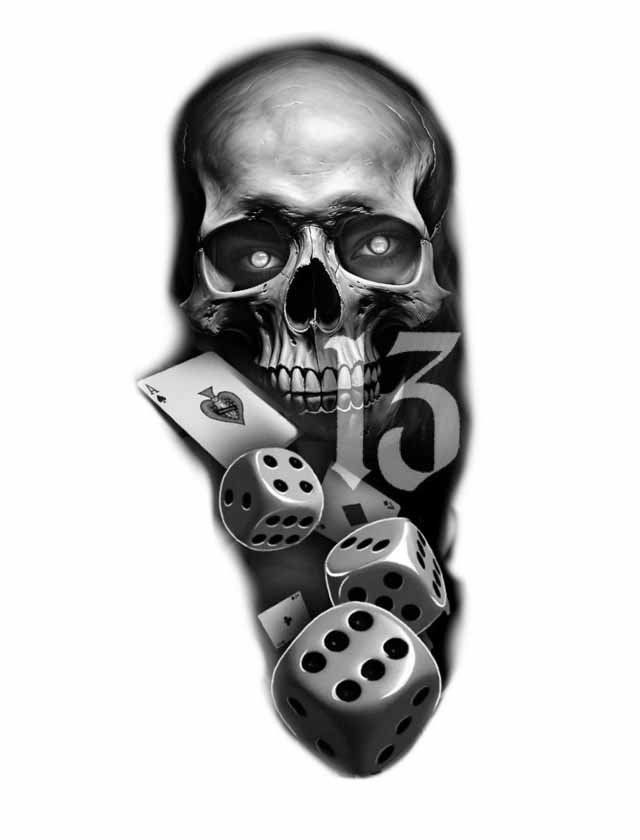 A skull is surrounded by dice and playing cards.