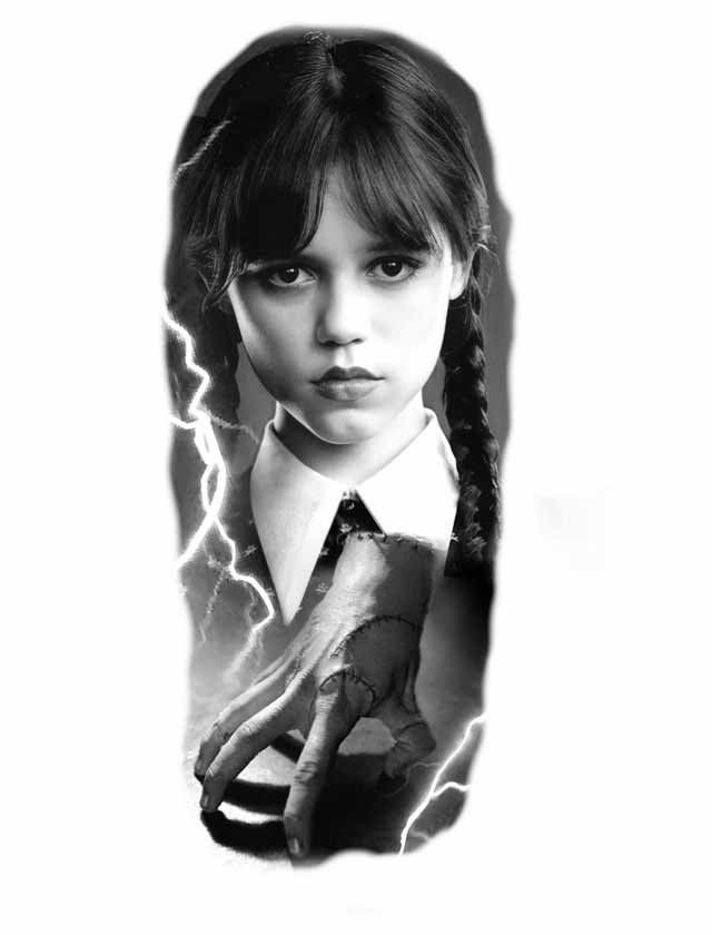 A black and white photo of a little girl with lightning behind her.