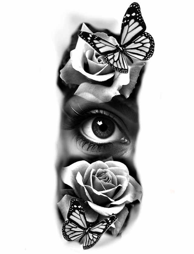 A black and white tattoo of a woman 's eye surrounded by roses and butterflies.