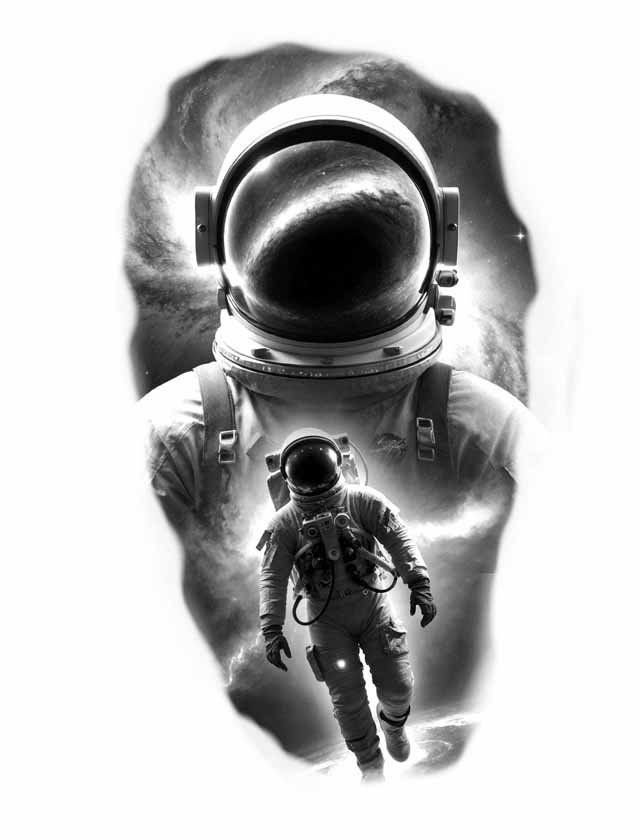A black and white drawing of an astronaut flying through space.