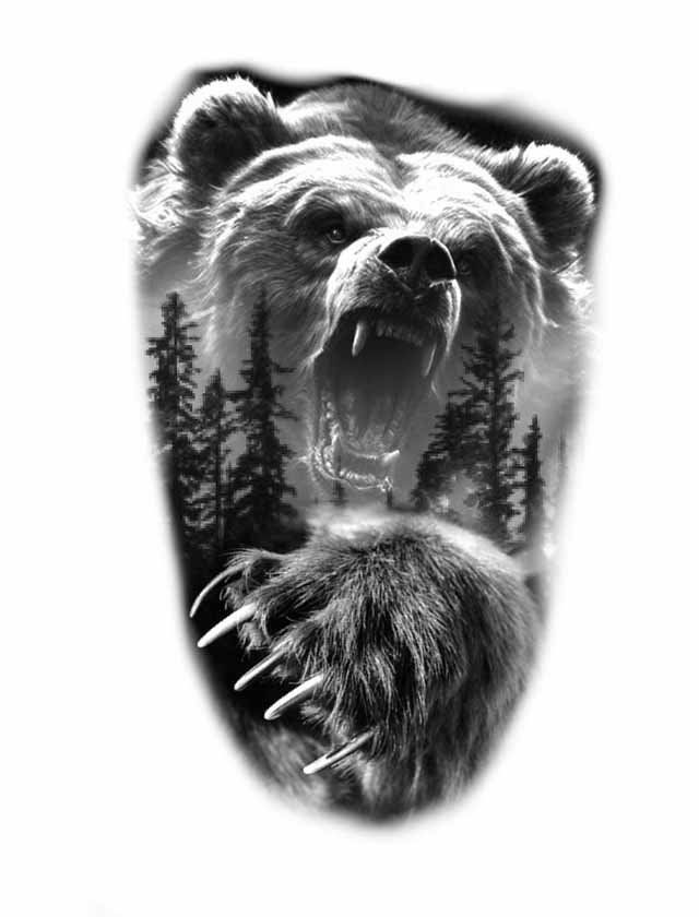 A black and white tattoo of a bear with its mouth open and trees in the background.