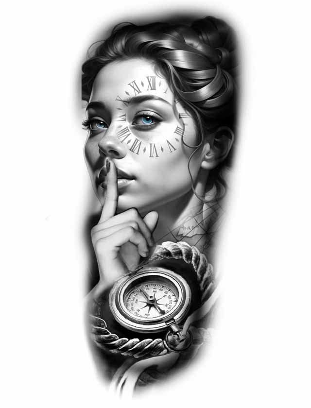 A black and white drawing of a woman with a compass and a clock on her face.