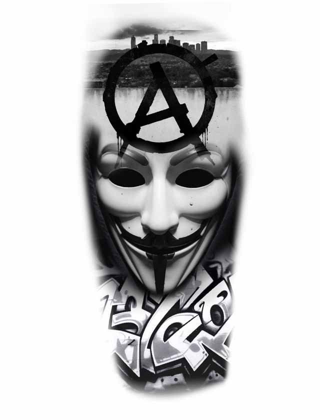 A black and white tattoo of a man wearing a anonymous mask.