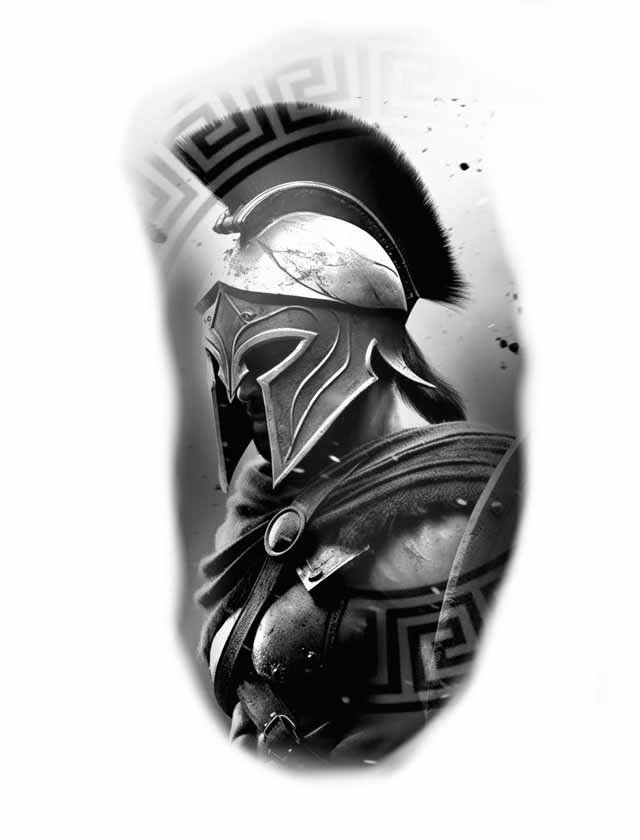 A black and white tattoo of a spartan warrior wearing a helmet.