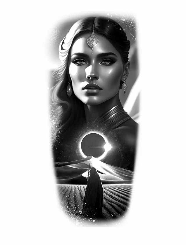 A black and white painting of a woman with a crescent moon in the background.