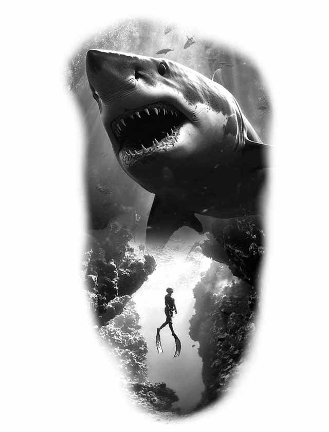 A shark is attacking a scuba diver in the ocean.