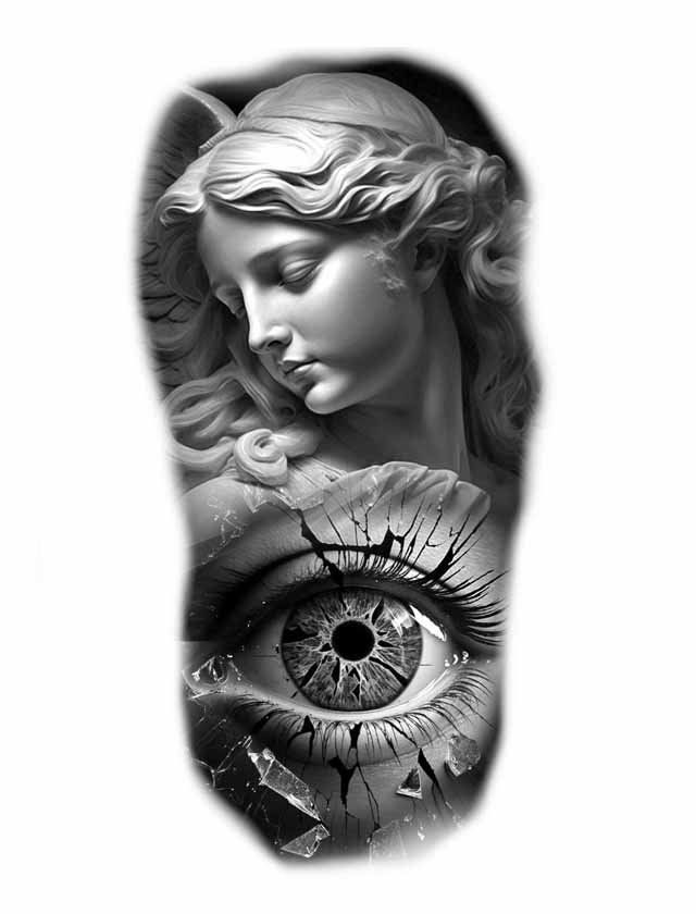 A black and white tattoo of a statue of an angel and a broken eye.