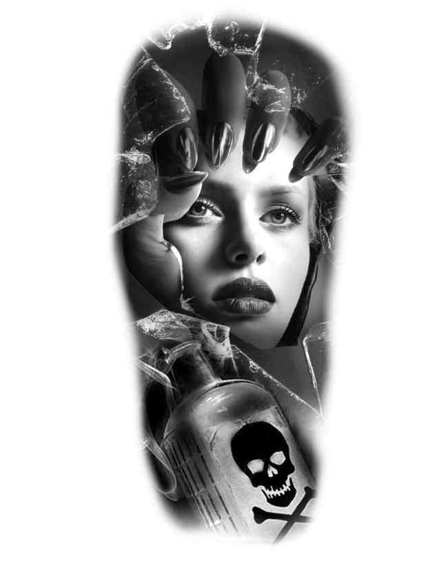 A black and white tattoo of a woman with a skull and crossbones