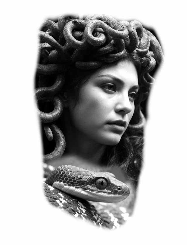 A black and white photo of a woman with snakes in her hair.