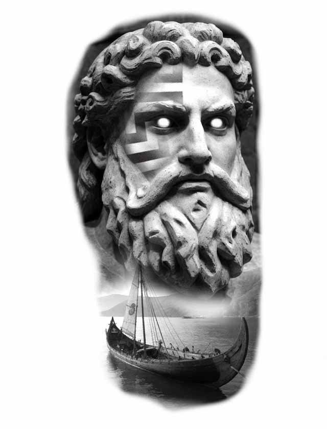 A black and white statue of a man with a beard and a boat in the background.