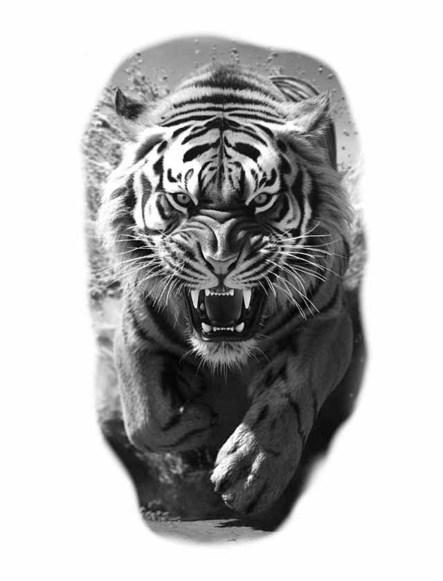A black and white photo of a tiger running with its mouth open.