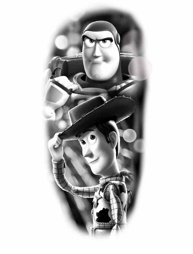 A black and white tattoo of buzz lightyear and woody from toy story.