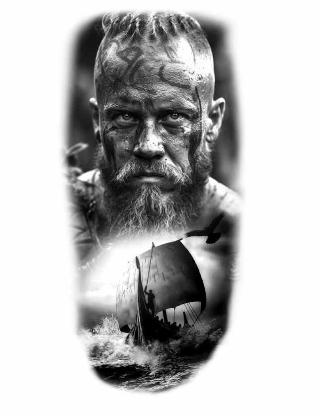 A black and white drawing of a bearded man with a boat in the background.