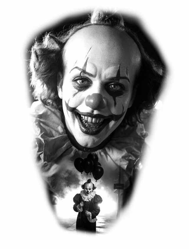 A black and white photo of a smiling clown holding balloons.