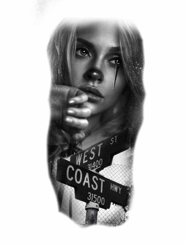 A woman is holding a street sign that says west coast