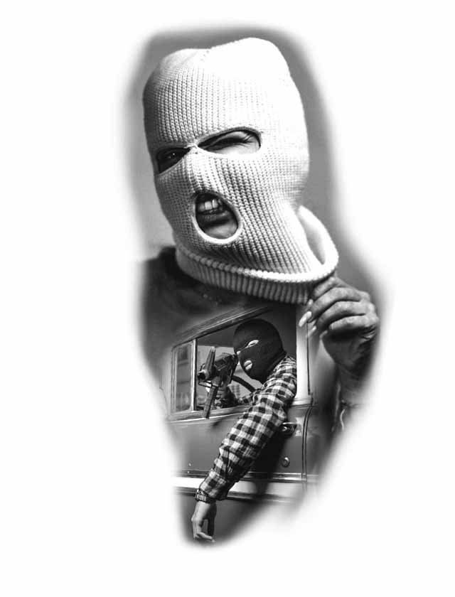 A black and white photo of a man wearing a ski mask