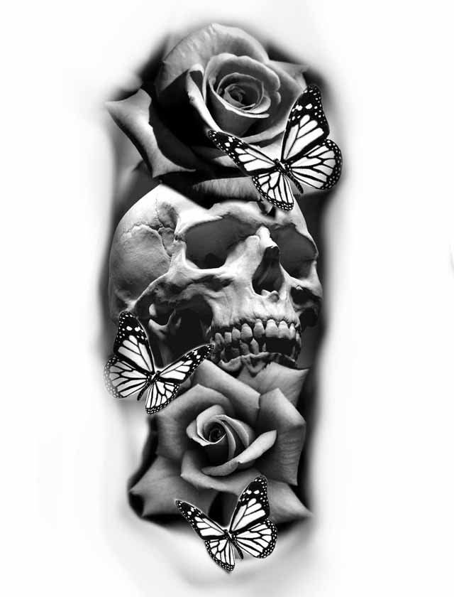 A black and white tattoo of a skull surrounded by roses and butterflies.