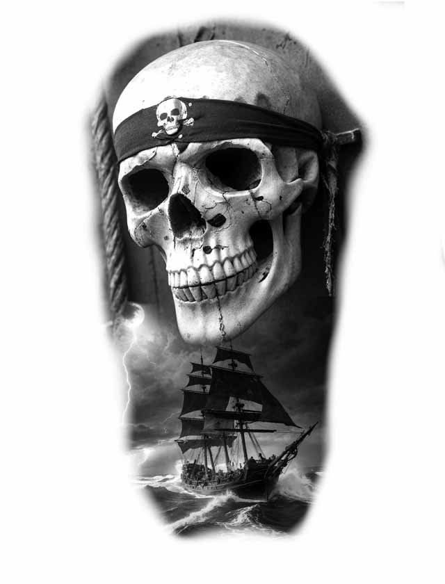 A black and white photo of a pirate skull with a ship in the background.