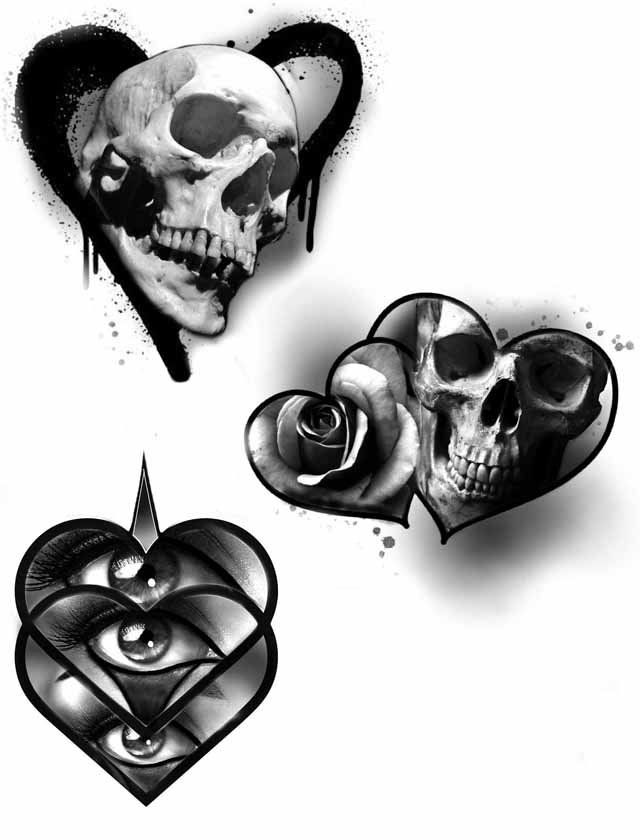 Three hearts with skulls and roses on them