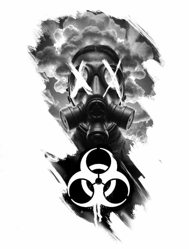 A black and white drawing of a gas mask with a biohazard symbol.