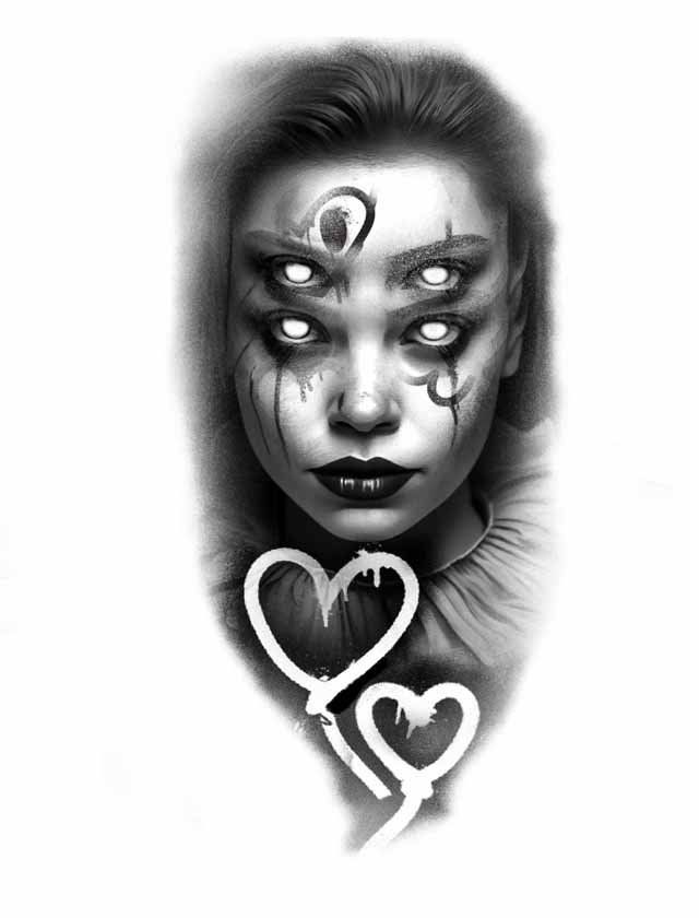 A black and white drawing of a woman with three eyes and two hearts.