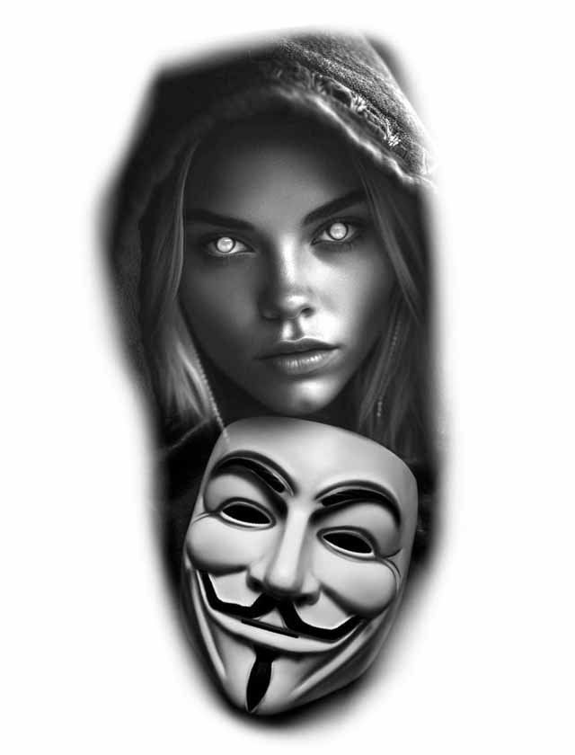 A black and white drawing of a woman with a mask on her face.