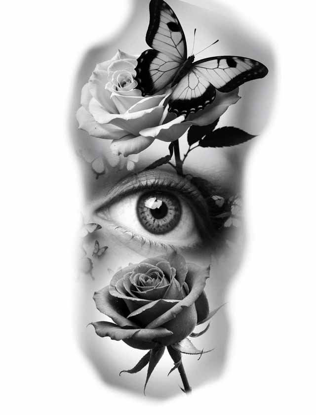 A black and white tattoo of a woman 's eye surrounded by roses and butterflies.