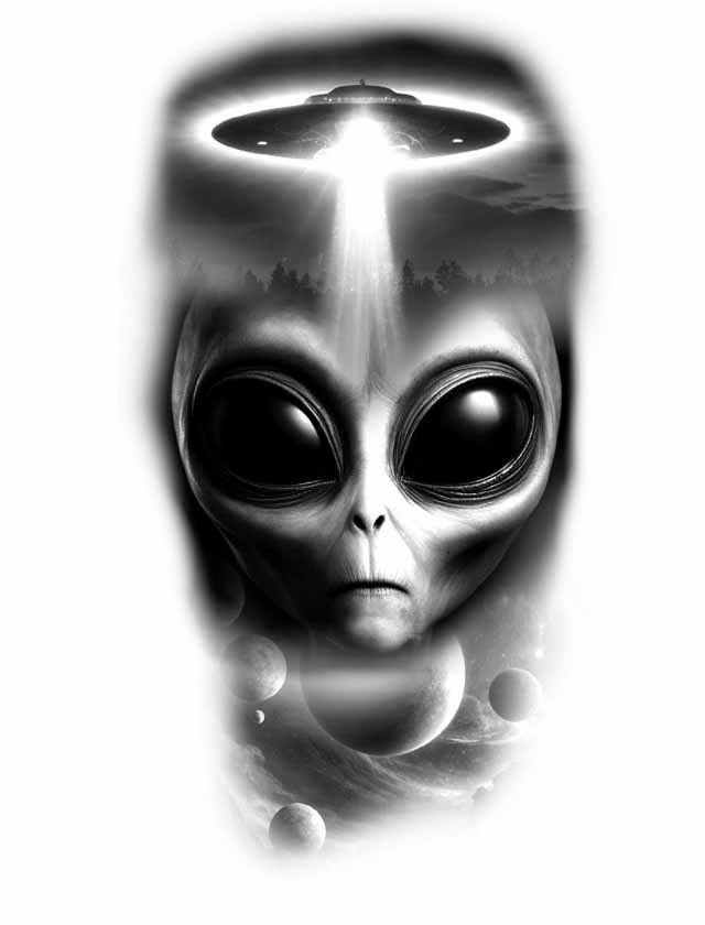 A black and white drawing of an alien with a flying saucer in the background.
