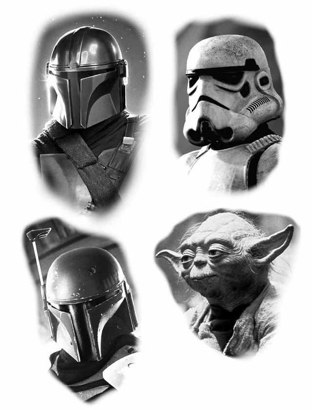 A set of four black and white images of star wars characters