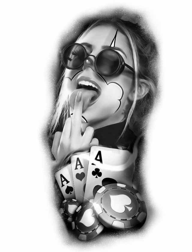 A black and white drawing of a clown holding playing cards and poker chips.