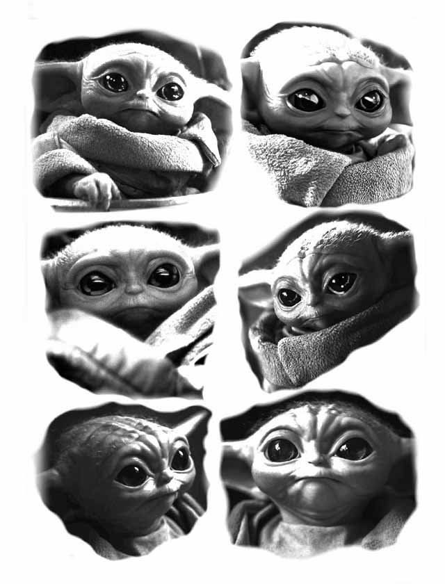 A black and white photo of a baby yoda.