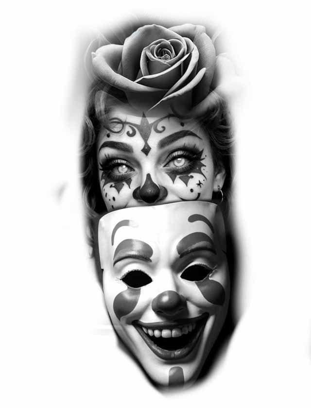 A woman with a clown mask and a rose on her head.