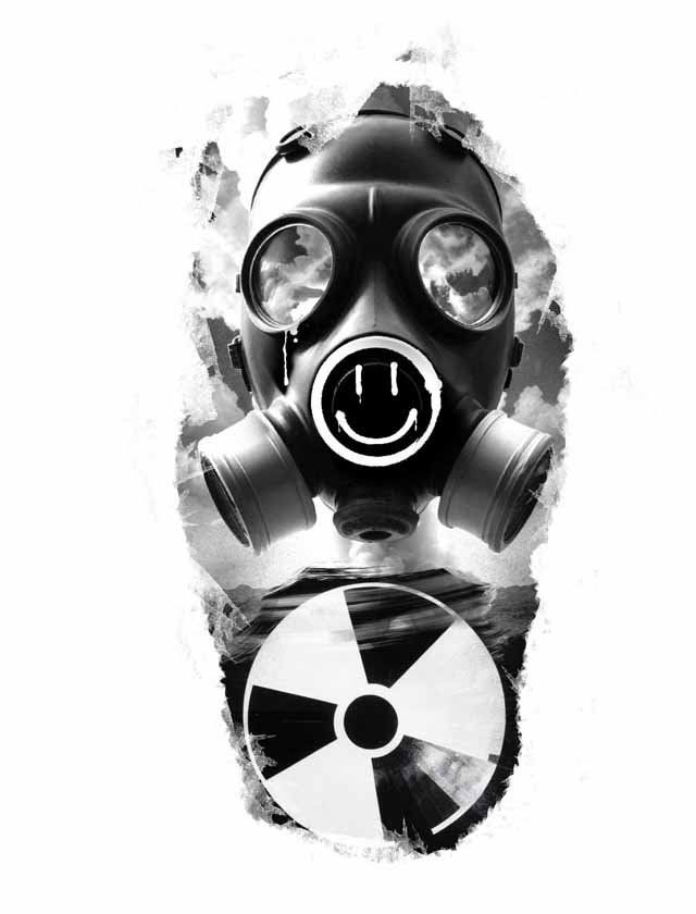 A black and white drawing of a gas mask with a smiley face and a nuclear symbol.