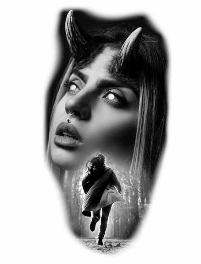 A black and white drawing of a woman with horns.