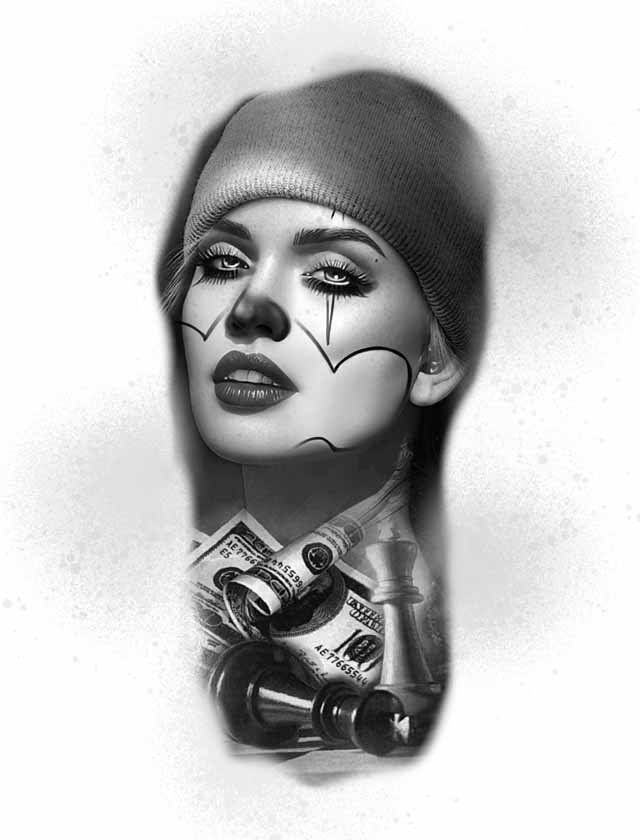 A black and white drawing of a woman with a clown face and money.