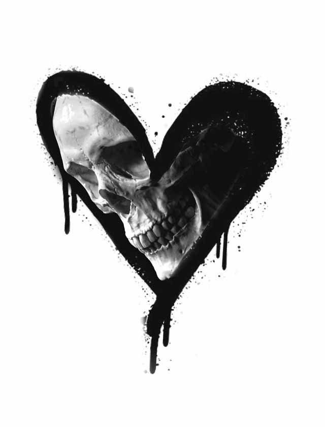 A black heart with a skull inside of it.