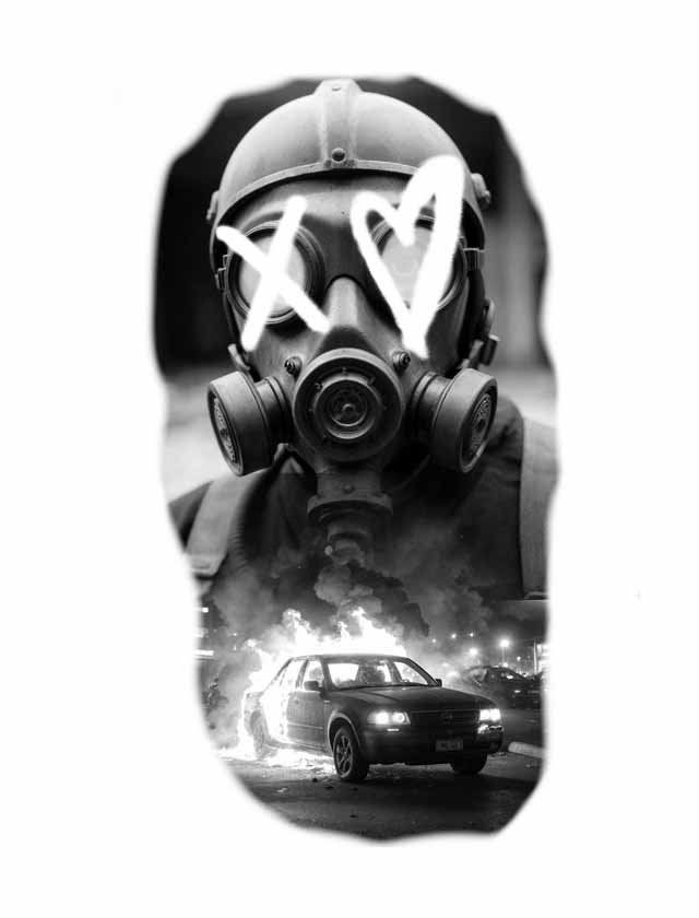 A man wearing a gas mask with hearts on his eyes and a car in the background.