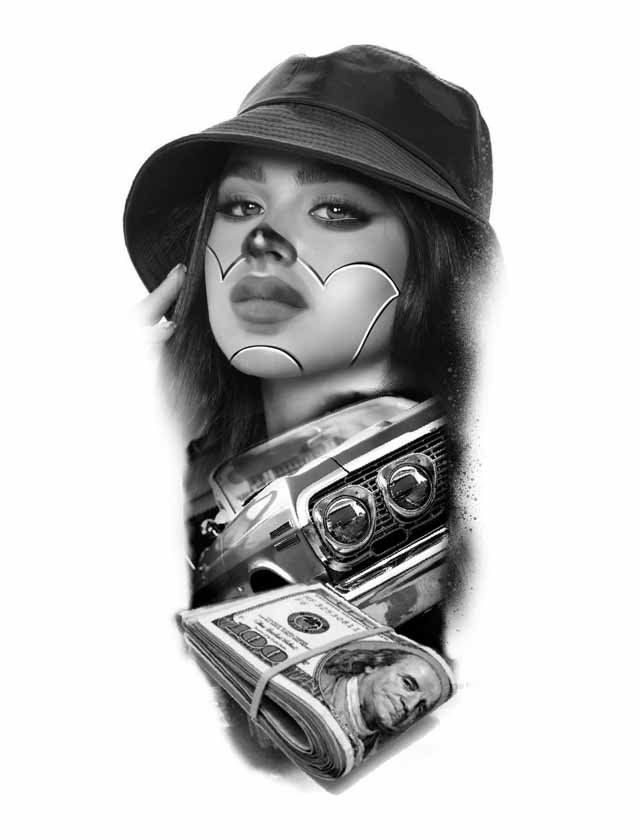 A black and white drawing of a woman in a hat holding a stack of money.